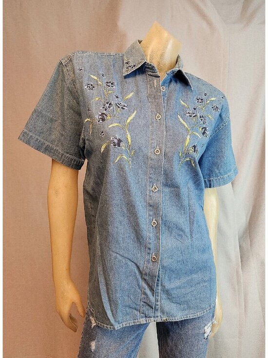 Capacity Tops - Capacity Petites Denim Blue Floral Button 90s Blouse Shirt Top Womens MEDIUM
